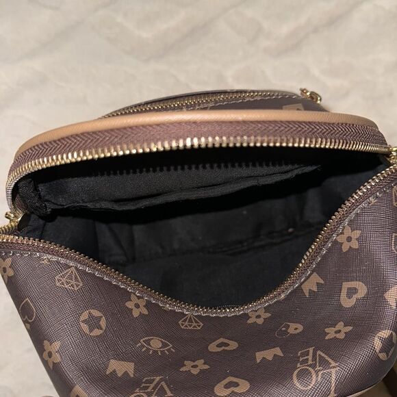 Claire’s Brown Tan LOVE Hearts Jewels Crowns Print Faux Leather Mini Backpack - Picture 10 of 16